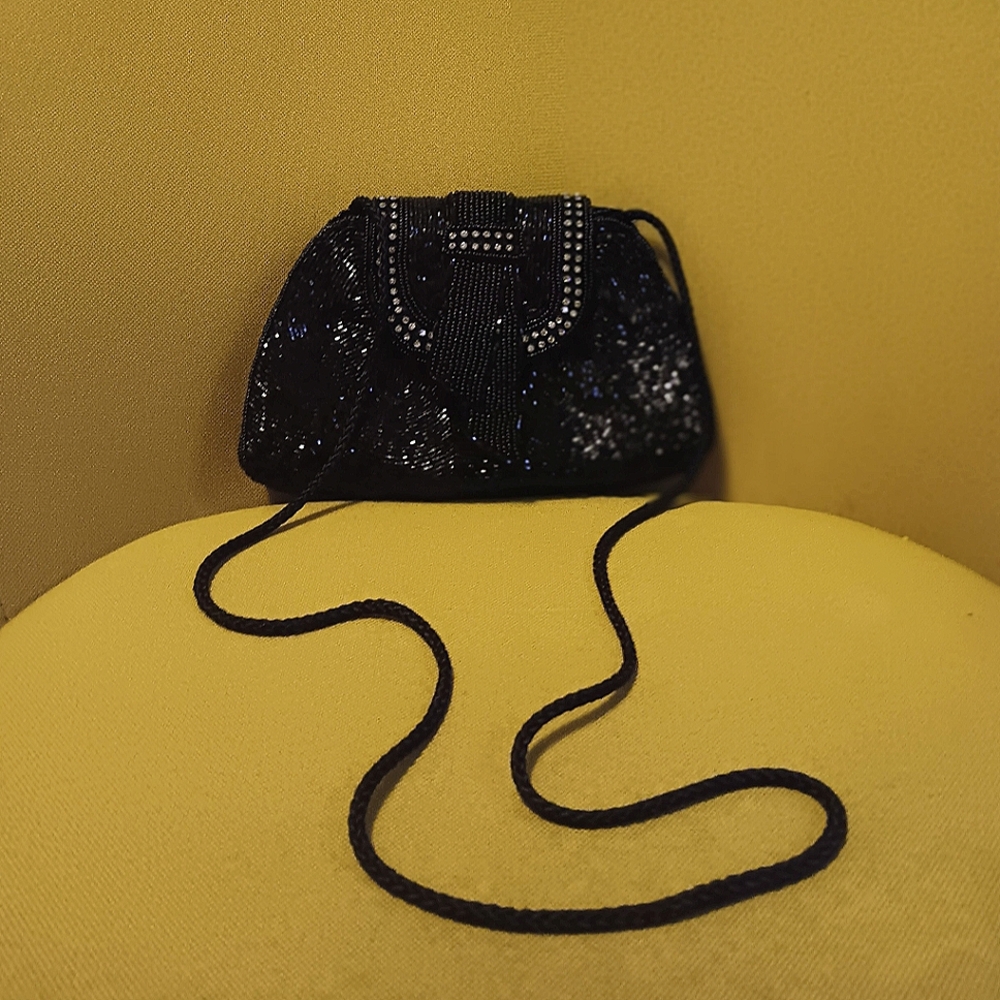 Vintage Robinson's Black Hand Beaded Evening Bag Purse